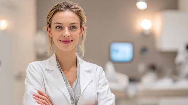 Confident Doctor in Medical Setting: A professional doctor exudes confidence as she poses in a contemporary medical environment, the epitome of healthcare excellence and empathy.