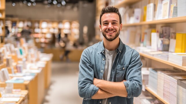Bookstore Proprietor's Warm Welcome: A cheerful owner stands confidently amidst shelves of books, radiating approachability and a welcoming atmosphere. 