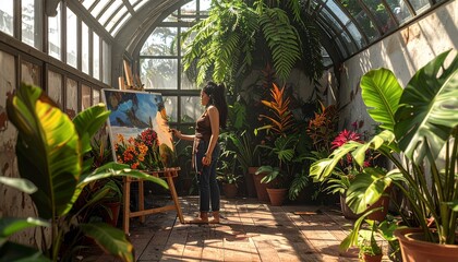 Naklejka premium Artist painting tropical plants in sunlit greenhouse studio