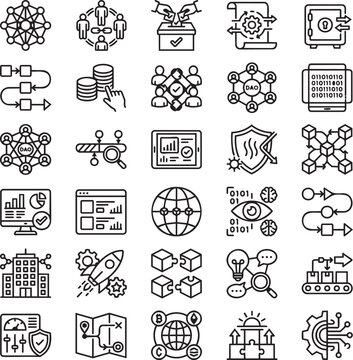 DAOs Decentralized Autonomous Organizations Line Icons Set &ndash; 30 Minimal Black Outline Vector Icons for Blockchain Governance, Smart Contracts & Community Voting Systems