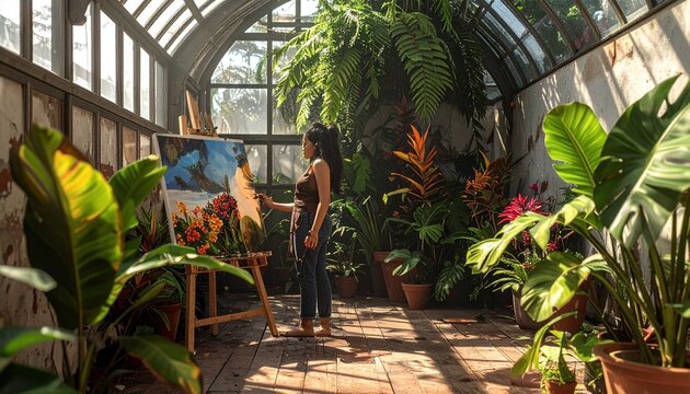 Artist painting tropical plants in sunlit greenhouse studio