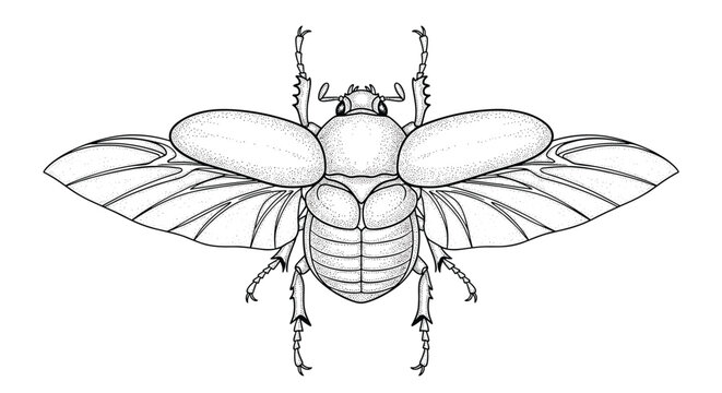 Detailed scientific illustration of a beetle with its wings spread wide open as a black and white stippled drawing.