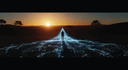 Fototapeten Schwarz Human figure standing on digital network path leading towards sunrise in open landscape symbolizing future tech growth now.  © Times Graphic