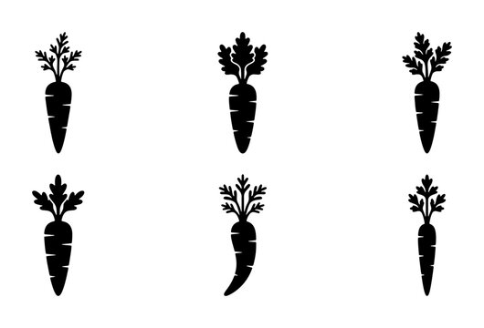 Six Black Carrot Icons, Simple Root Vegetable Graphics, Fresh Organic Produce Symbols, Healthy Food Vector Elements