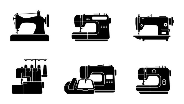 Diverse Sewing Machine Icons, Vintage and Modern Styles, Black Silhouettes, Crafting and Tailoring Equipment Collection