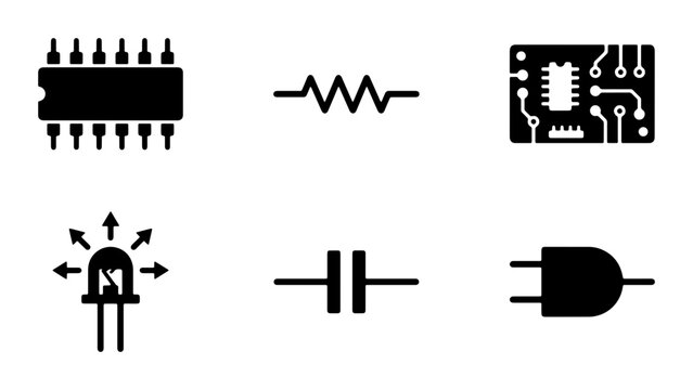 Electronic Components Vector Icons: Microchip, Resistor, Circuit Board, LED, Capacitor, Plug | Technology Symbols Set