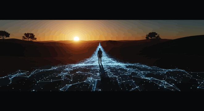 Human figure standing on digital network path leading towards sunrise in open landscape symbolizing future tech growth now.