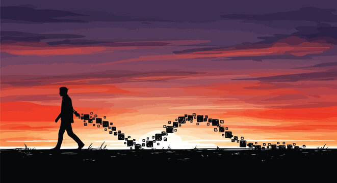 Silhouette of man walking on horizon during sunset with pixel trail vector illustration representing digital life path.