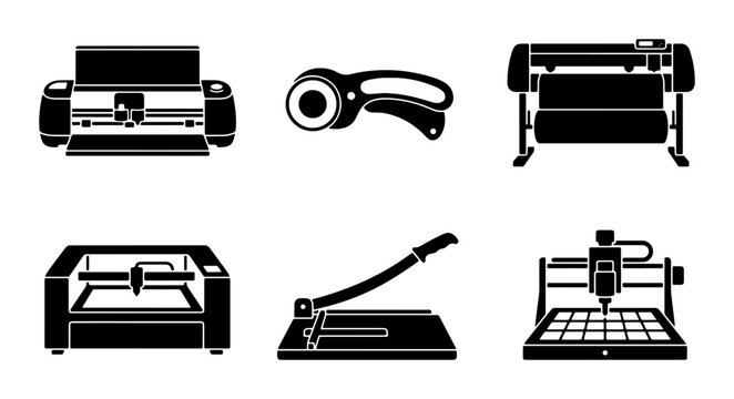 Crafting Machines Vector Icons Set, Cutting Plotter, Laser Engraver, Rotary Cutter, Paper Guillotine, CNC Machine, Silhouette Cutter, Digital Die Cutter, Hobby Equipment, DIY Tools
