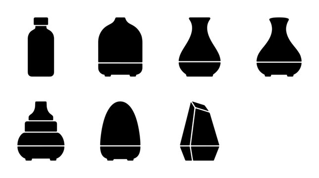 Aromatherapy Diffuser Silhouettes, Essential Oil Humidifier Icons, Modern Air Freshener Vector Set, Home Spa Device Graphics