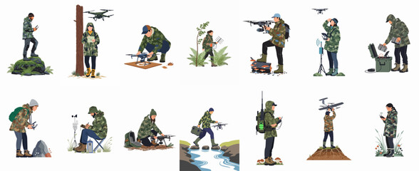Collection of illustrations showing researchers and adventurers in camouflage clothing using drones for wildlife monitoring and environmental exploration in various outdoor settings. © Sepuluh
