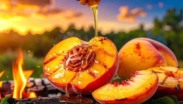 Grilled peach halves drizzled with honey over open fire at sunset