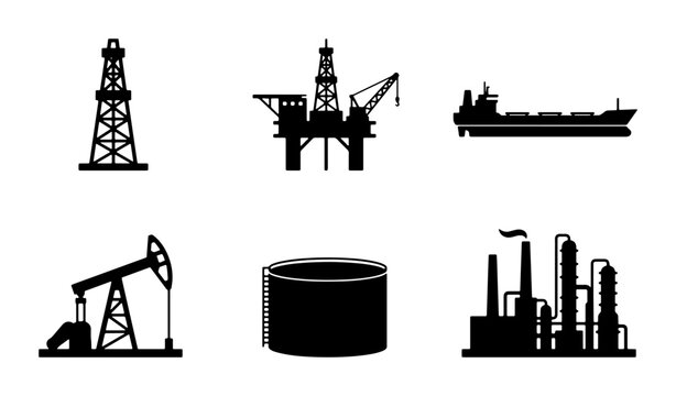 Industrial Oil and Gas Icons Set: Rig, Platform, Tanker, Pumpjack, Storage Tank, Refinery Vector Graphics for Energy Sector
