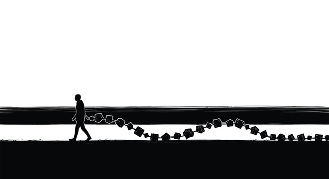 Silhouette person walks along black line with cubes chain.
