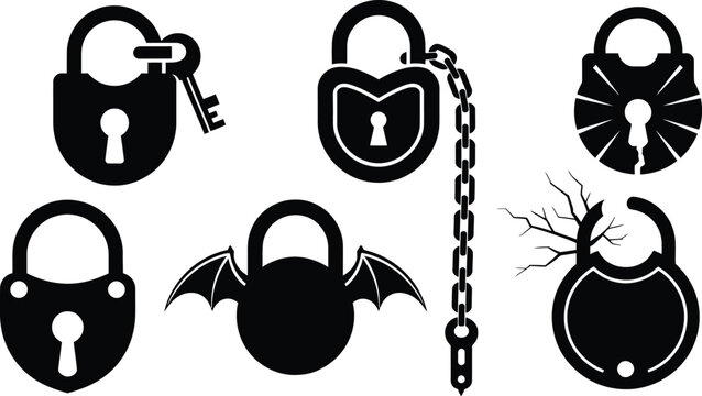 Creative surreal padlock icons with key, chain, cracked, winged, and open designs, fantasy security vector illustration concept