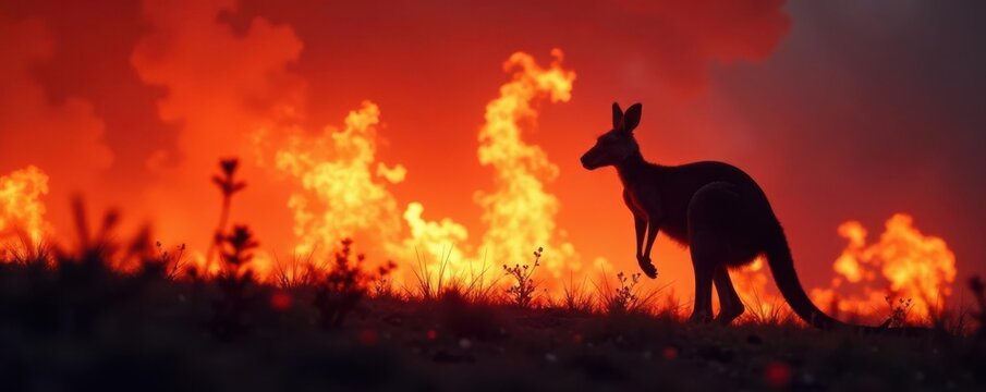 Burning landscape, kangaroo silhouette against inferno , danger, heat