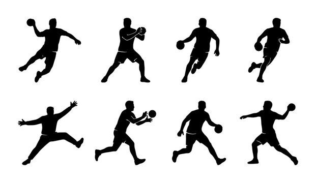 Handball Player Silhouettes: Dynamic Action Poses Set, Vector Graphics for Sports Design, Athletic Movement Collection