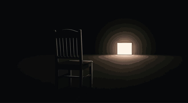 Empty wooden chair facing glowing portal entrance.