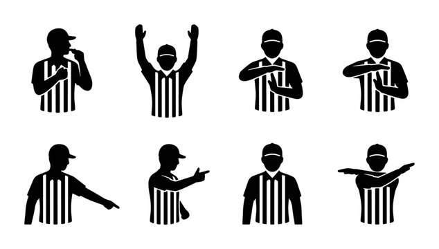 Sports Referee Signals Collection, Referee Gestures Set, Official Hand Signals for Games, Vector Icons for Sports Rules and Officiating