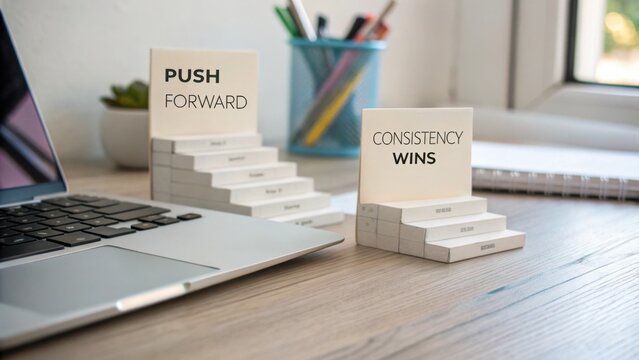 Inspirational Office Workspace with Motivational Signs about Progress and Success in a Bright and Modern Environment