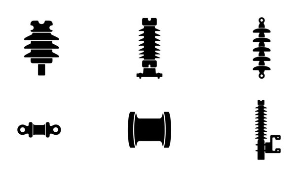 Electrical Insulator Icons, Ceramic and Porcelain Power Line Components, High Voltage Ceramic Bushing Vector Set