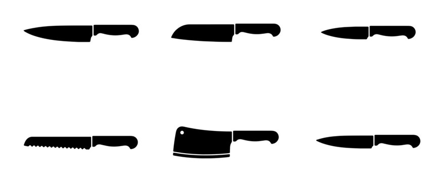 Kitchen Knife Set, Culinary Tools Collection, Chef Knives, Slicing, Chopping, Cleaver, Serrated, Vector Icons