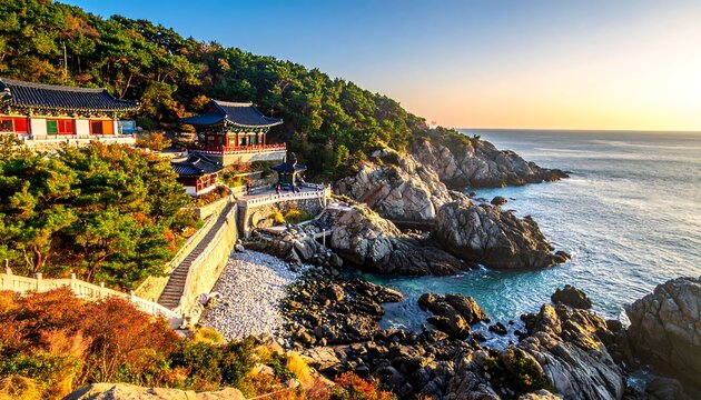 A serene seaside temple perched on rocky cliffs