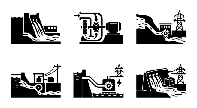 Hydroelectric Power Generation Icons, Renewable Energy Systems, Water Turbine and Dam Schematics, Clean Electricity Production Vector Set