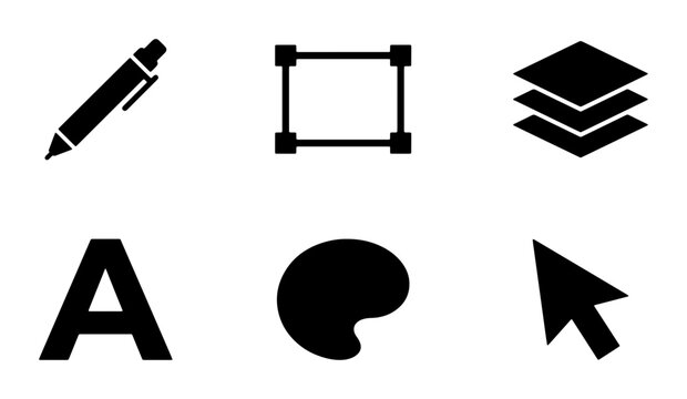 Vector Graphic Design Icons Set: Pen Tool, Selection Box, Layers, Typography, Palette, Cursor. Essential Digital Art & Illustration Tools Collection.