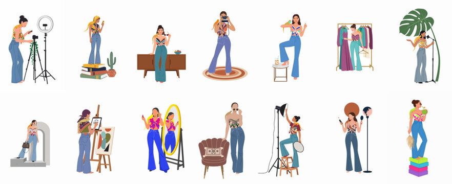 A diverse collection of flat vector illustrations showcasing a modern fashion influencer engaged in activities like photography, painting, singing, and content creation.
