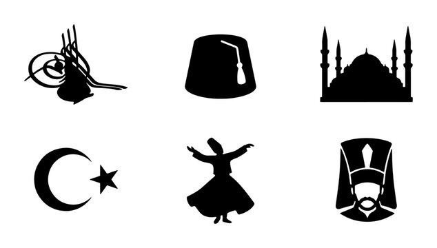 Turkish Cultural Icons Set: Crescent Moon Star, Mosque Silhouette, Fez Hat, Whirling Dervish, Tughra Emblem, Military Hat Vector Graphics