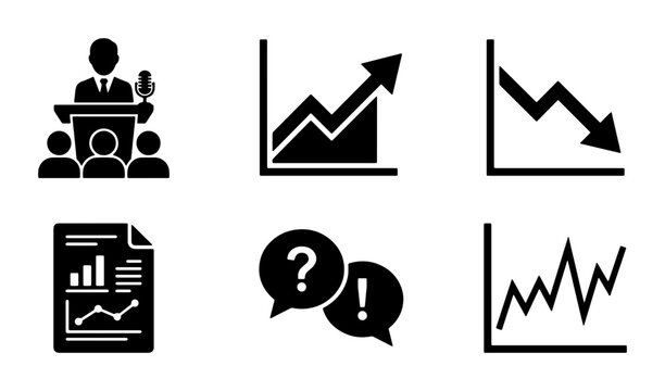 Business Analytics Icons Set: Speaker, Growth Chart, Decline Graph, Report, Question Marks, Data Analysis Vector Graphics