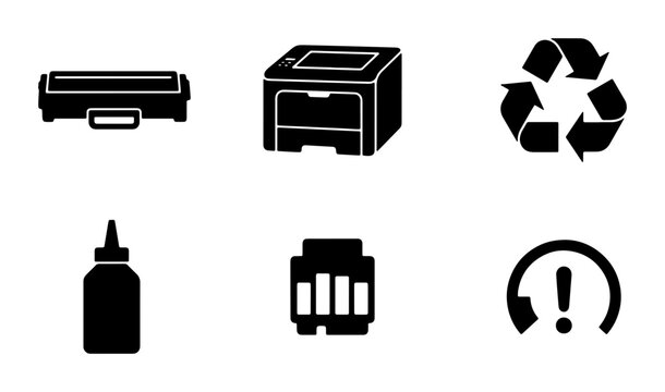 Office Equipment Icons: Printer, Laminator, Ink Cartridge, Recycling Symbol, Warning Sign, and Bottle Vector Set