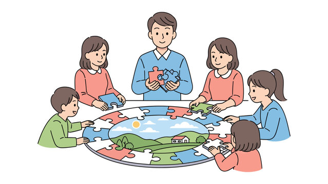 Family's Collaborative Puzzle: A family unites, focusing on the collaboration of jigsaw pieces. assembling a landscape together, symbolizes unity, cooperation and a shared endeavor. 