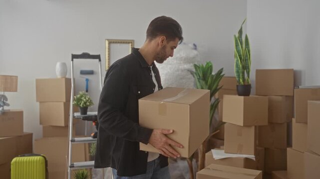 Hispanic man with beard holding a cardboard box with hands in apartment, stacking and arranging moving boxes beside ladder and potted plant while smiling; fresh start hopeful.