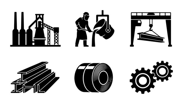 Industrial Manufacturing Icons Set: Steel Production, Metallurgy, Heavy Industry, Metal Fabrication, Raw Materials, Engineering Components