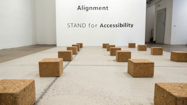 Modern Art Installation Promoting Accessibility with Text Alignment and Geometric Blocks on Concrete Floor in Minimalist Gallery Space