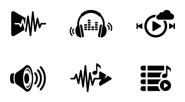 Audio Waveform Icons Set, Music Player Symbols, Sound Equalizer Graphics, Volume Speaker Icons, Digital Audio Playback Vector Collection