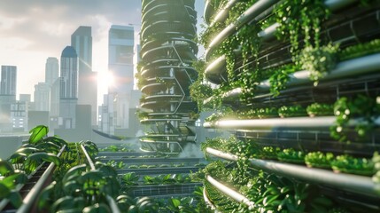 Obraz premium A futuristic cityscape with vertical gardens on tall buildings.