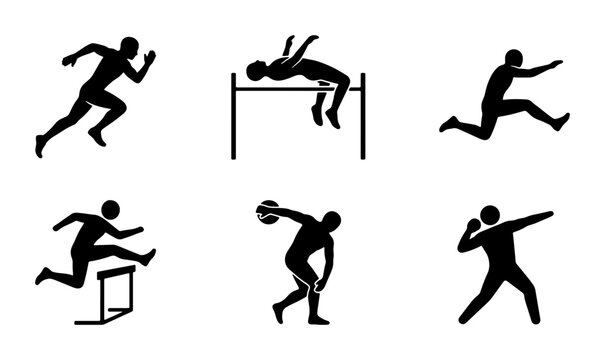 Athletics Icons Set: Sprinting, Hurdles, High Jump, Long Jump, Discus Throw, Shot Put Silhouettes for Sports and Fitness Graphics