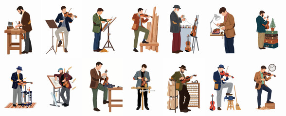 Collection of flat vector illustrations featuring luthiers and craftsmen designing, building, and playing violins in diverse workshop scenarios. © Sepuluh