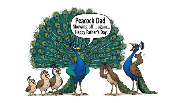 Peacock Father's Day Illustration: An illustrated scene of a peacock father proudly displaying his vibrant plumage, with his offspring and other peacocks, celebrating Father's Day.