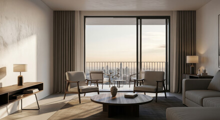 Fototapeta premium A modern living room with a balcony view of a city skyline at sunset, featuring beige furniture, a wooden coffee table, and a glass door.