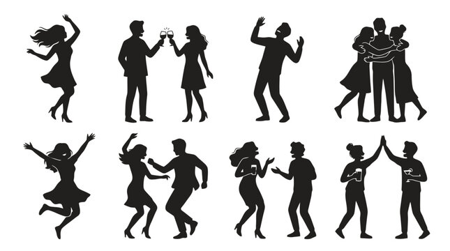 Black silhouettes of people dancing together.