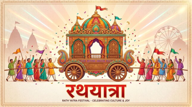 Rath yatra illustration showing decorated chariot with devotees pulling ropes during indian festival celebration for cultural design greeting background and spiritual event promotion 