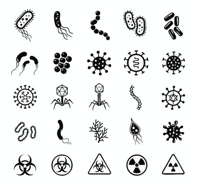 Virus, bacteria, microbe, germ icons, 25 biohazard symbols, black vector illustrations, medical warning signs