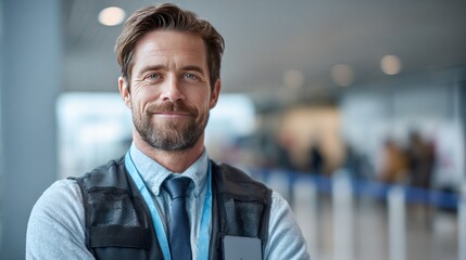 Fototapeta premium Professional Smile: A confident man with a beard and tie, wearing a vest and badge, smiles warmly with his arms crossed in a professional setting, possibly an airport or office lobby.
