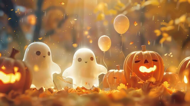 Two friendly ghosts and a jack-o-lantern celebrate Halloween surrounded by autumn leaves and balloons.