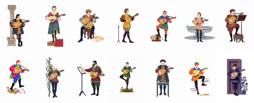 Collection of medieval and Renaissance bards and musicians playing the lute in various historical settings and costumes, isolated on white background.