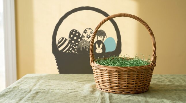 An Easter basket with plastic grass but no eggs yet, the shadow shows decorated eggs